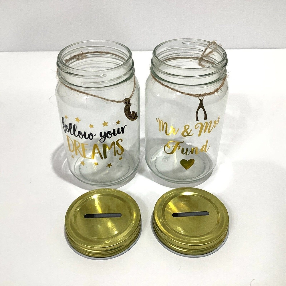 Pair of Glass Screw Top Jar Coin Banks Dreams Wedding w/ Charms NEW - Picture 3 of 6